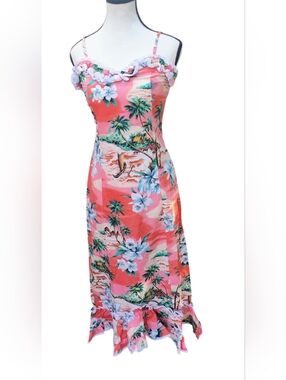 Coral Tropical Maxi Dress with Ruffle Trim